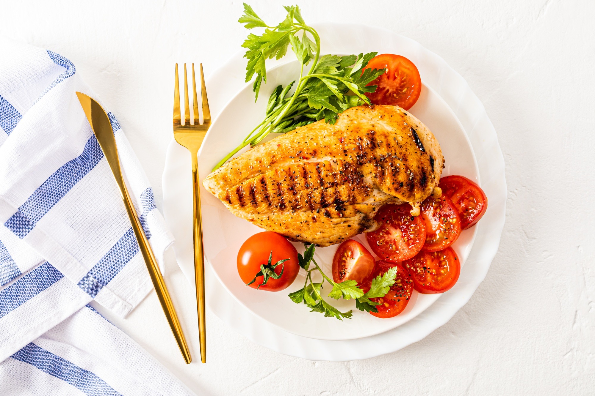 a large juicy piece of grilled chicken breast fillet without oil. delicious healthy food. top view
